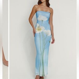 Rare London Strapless Dress in Blue with White Floral Design